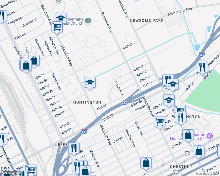 map of restaurants, bars, coffee shops, grocery stores, and more near 4239 Orcutt Avenue in Newport News