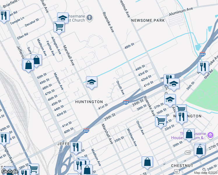 map of restaurants, bars, coffee shops, grocery stores, and more near 827 41st Street in Newport News