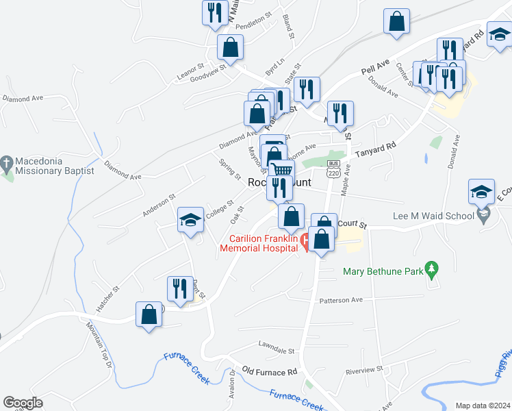 map of restaurants, bars, coffee shops, grocery stores, and more near 550 Franklin St in Rocky Mt