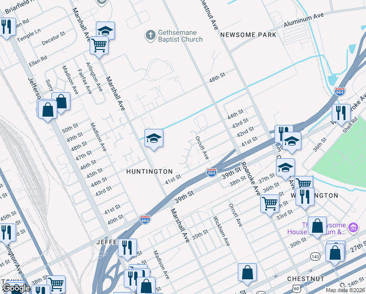 map of restaurants, bars, coffee shops, grocery stores, and more near 827 41st Street in Newport News