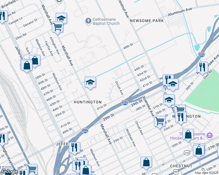 map of restaurants, bars, coffee shops, grocery stores, and more near 827 41st Street in Newport News