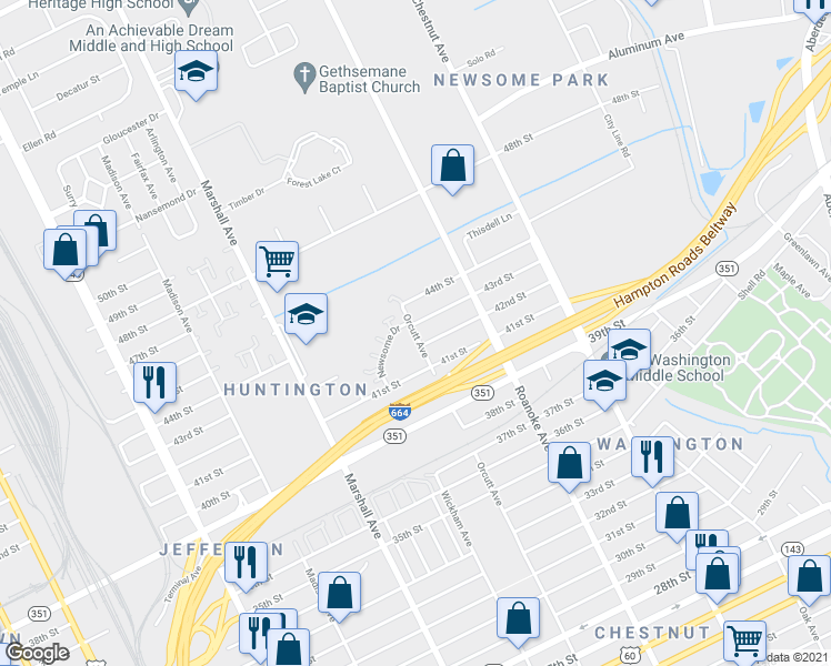 map of restaurants, bars, coffee shops, grocery stores, and more near 4257 Orcutt Avenue in Newport News