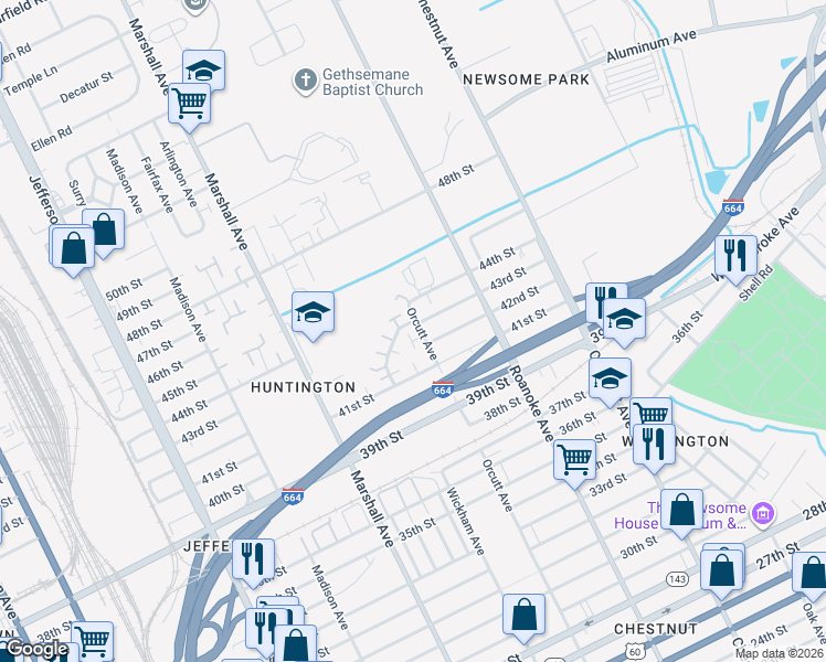 map of restaurants, bars, coffee shops, grocery stores, and more near 4239 Orcutt Avenue in Newport News
