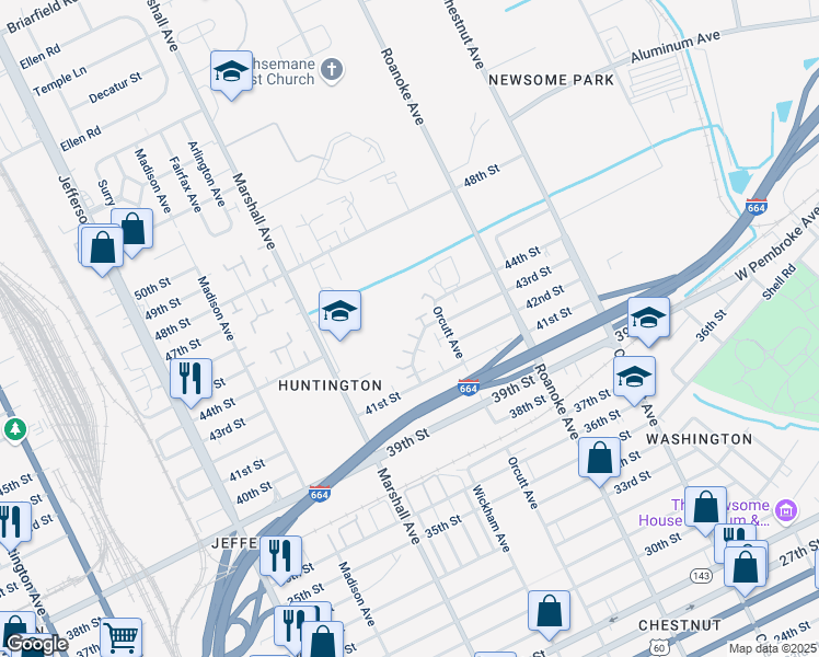 map of restaurants, bars, coffee shops, grocery stores, and more near 827 41st Street in Newport News