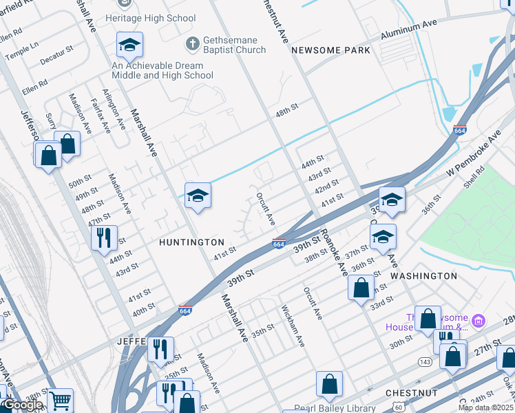 map of restaurants, bars, coffee shops, grocery stores, and more near 4239 Orcutt Avenue in Newport News