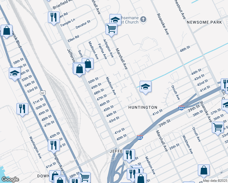 map of restaurants, bars, coffee shops, grocery stores, and more near 4600 Madison Avenue in Newport News