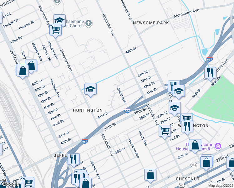 map of restaurants, bars, coffee shops, grocery stores, and more near 4239 Orcutt Avenue in Newport News