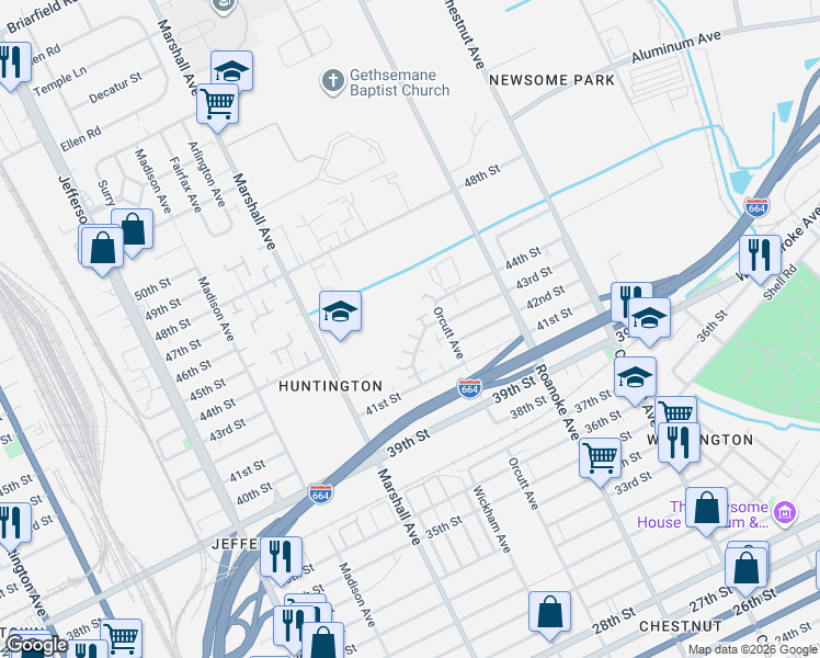 map of restaurants, bars, coffee shops, grocery stores, and more near 827 41st Street in Newport News