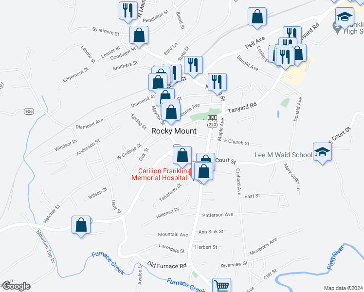 map of restaurants, bars, coffee shops, grocery stores, and more near 465 Franklin Street in Rocky Mount