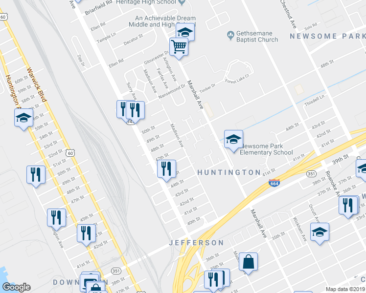 map of restaurants, bars, coffee shops, grocery stores, and more near 4610 Madison Avenue in Newport News