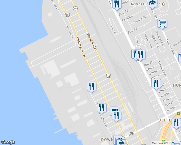 map of restaurants, bars, coffee shops, grocery stores, and more near 5311 Huntington Avenue in Newport News