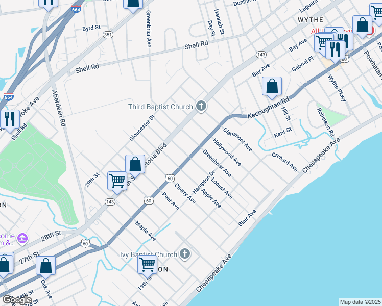 map of restaurants, bars, coffee shops, grocery stores, and more near 1001 Kecoughtan Road in Hampton