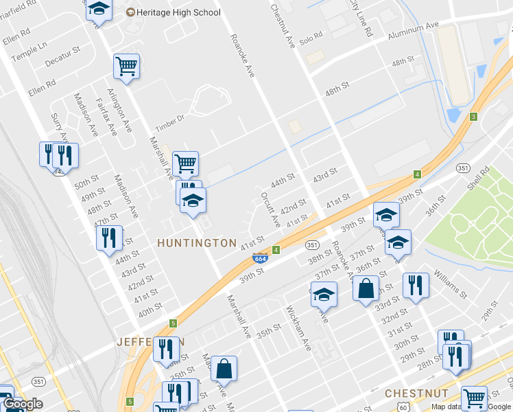 map of restaurants, bars, coffee shops, grocery stores, and more near 4323 Newsome Drive in Newport News
