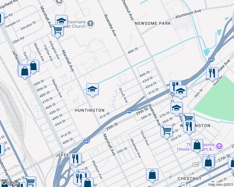 map of restaurants, bars, coffee shops, grocery stores, and more near 4327 Newsome Drive in Newport News