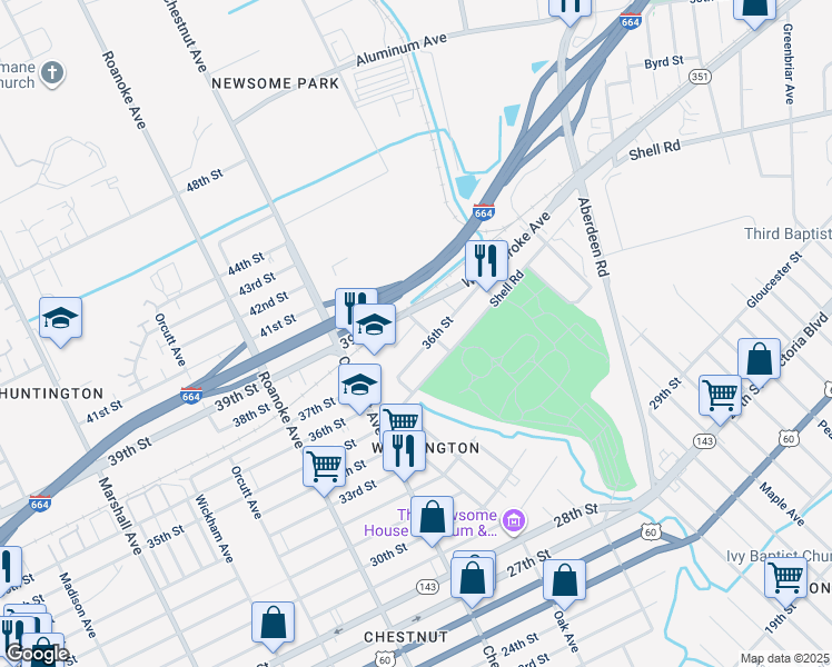 map of restaurants, bars, coffee shops, grocery stores, and more near 1256 37th Street in Newport News
