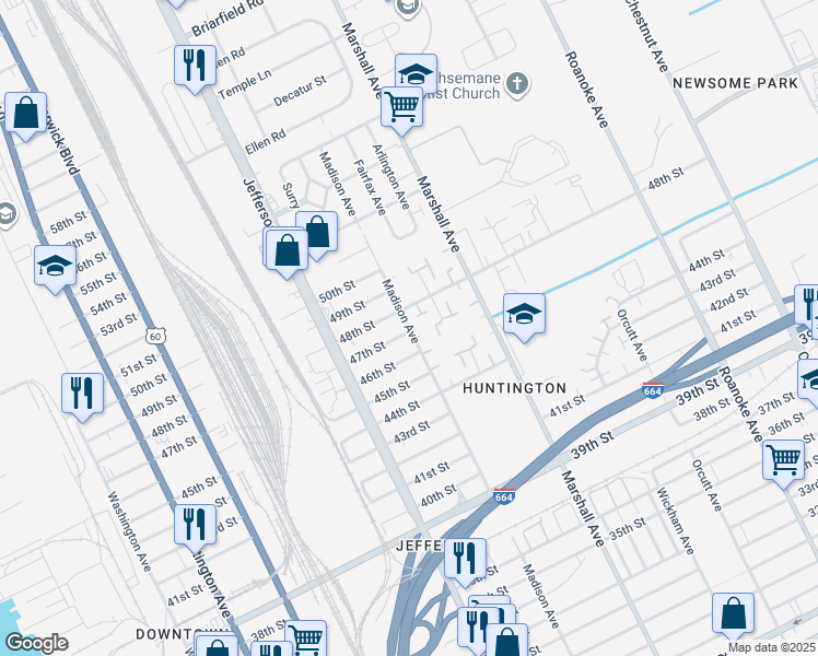 map of restaurants, bars, coffee shops, grocery stores, and more near 4630 Madison Avenue in Newport News