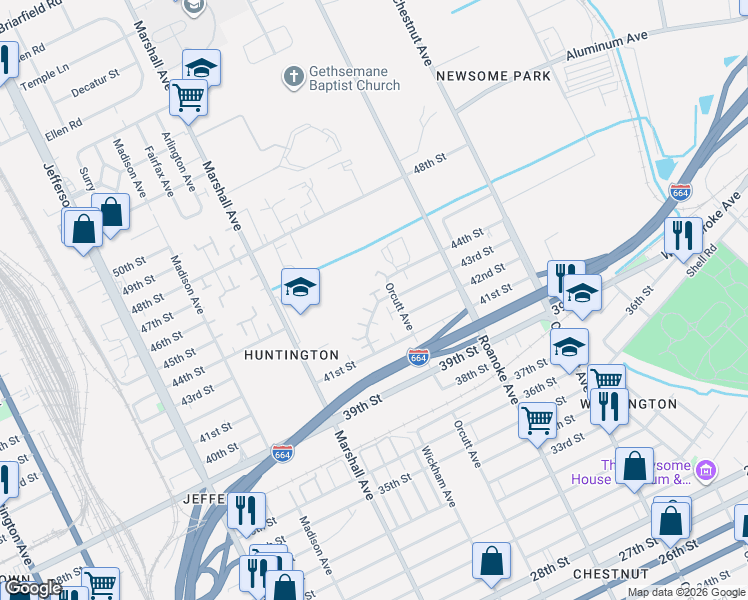 map of restaurants, bars, coffee shops, grocery stores, and more near 4239 Orcutt Avenue in Newport News