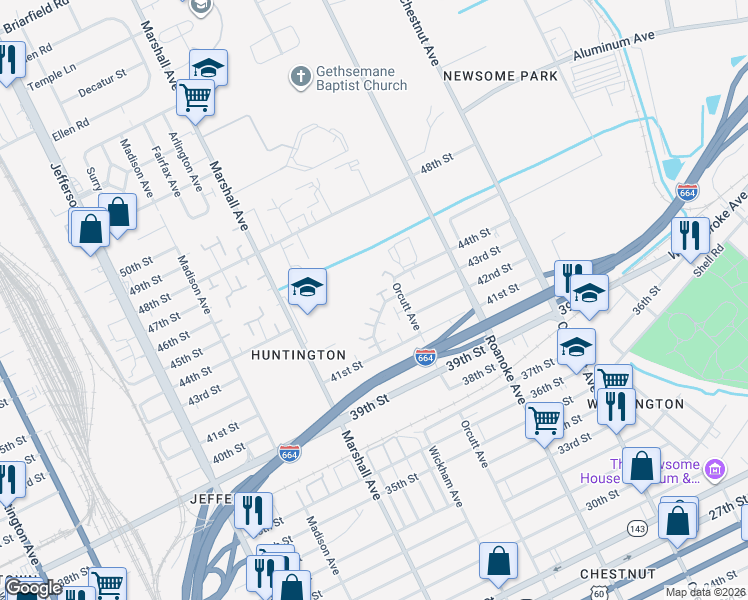 map of restaurants, bars, coffee shops, grocery stores, and more near 827 41st Street in Newport News