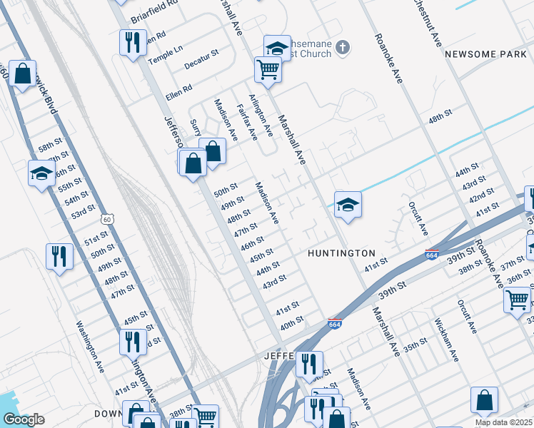 map of restaurants, bars, coffee shops, grocery stores, and more near 628 47th Street in Newport News