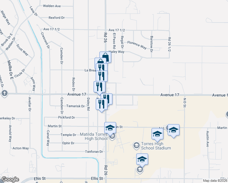 map of restaurants, bars, coffee shops, grocery stores, and more near 26063 Avenue 17 in Madera
