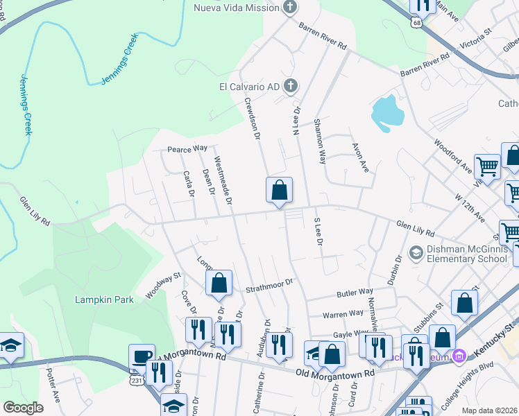 map of restaurants, bars, coffee shops, grocery stores, and more near 513-599 Glen Lily Road in Bowling Green
