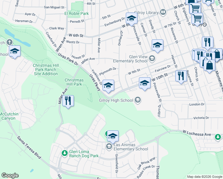 map of restaurants, bars, coffee shops, grocery stores, and more near 915 Greenwich Drive in Gilroy
