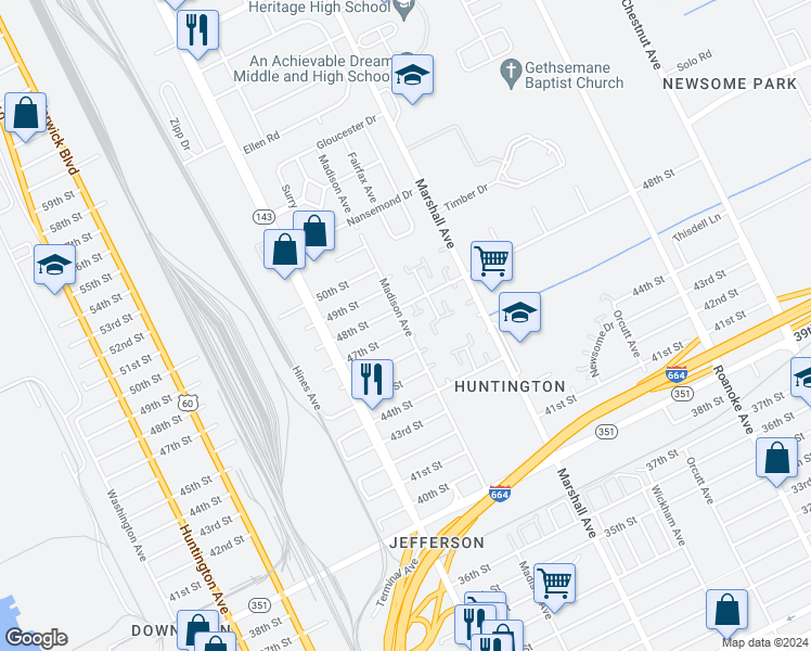 map of restaurants, bars, coffee shops, grocery stores, and more near 4644 Madison Avenue in Newport News