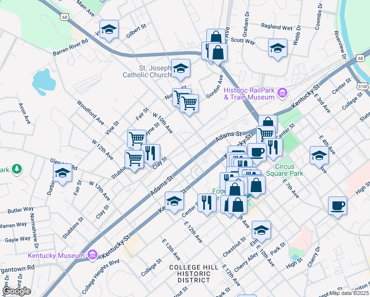 map of restaurants, bars, coffee shops, grocery stores, and more near 1 East 10th Avenue in Bowling Green