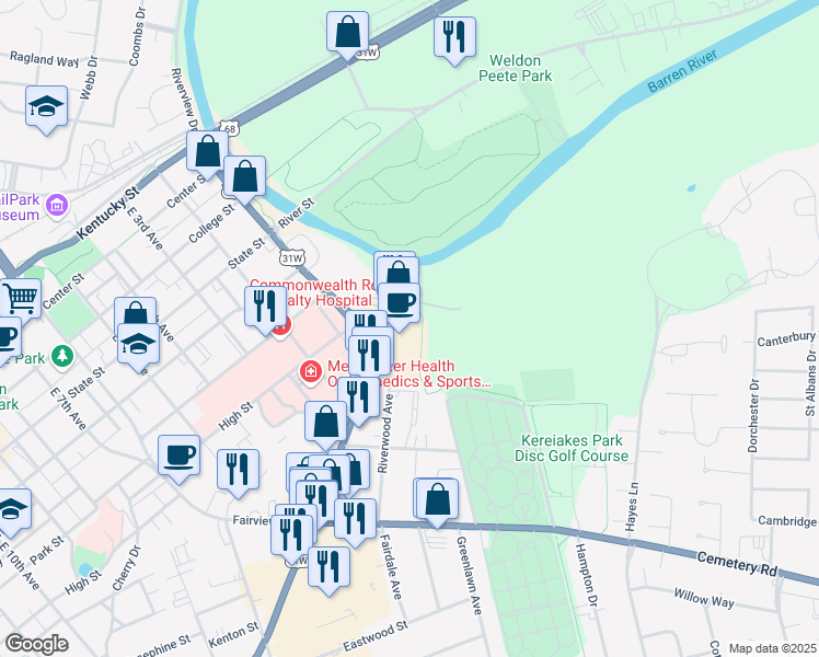 map of restaurants, bars, coffee shops, grocery stores, and more near U.S. 31W in Bowling Green