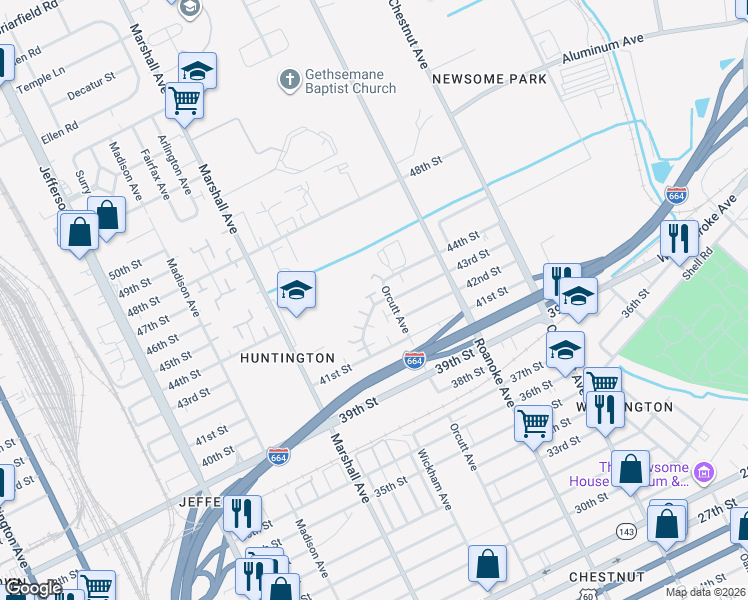 map of restaurants, bars, coffee shops, grocery stores, and more near 4547 Orcutt Avenue in Newport News