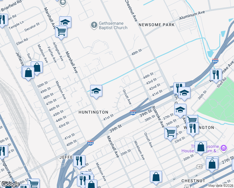 map of restaurants, bars, coffee shops, grocery stores, and more near 1001 44th Street in Newport News