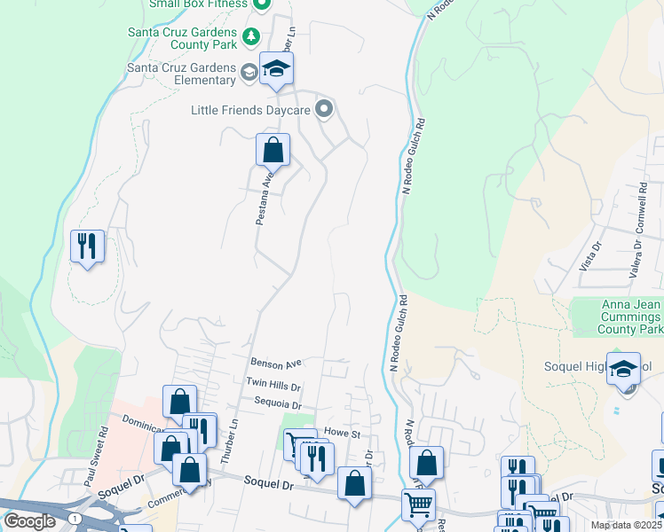 map of restaurants, bars, coffee shops, grocery stores, and more near 2555 Benson Avenue in Santa Cruz