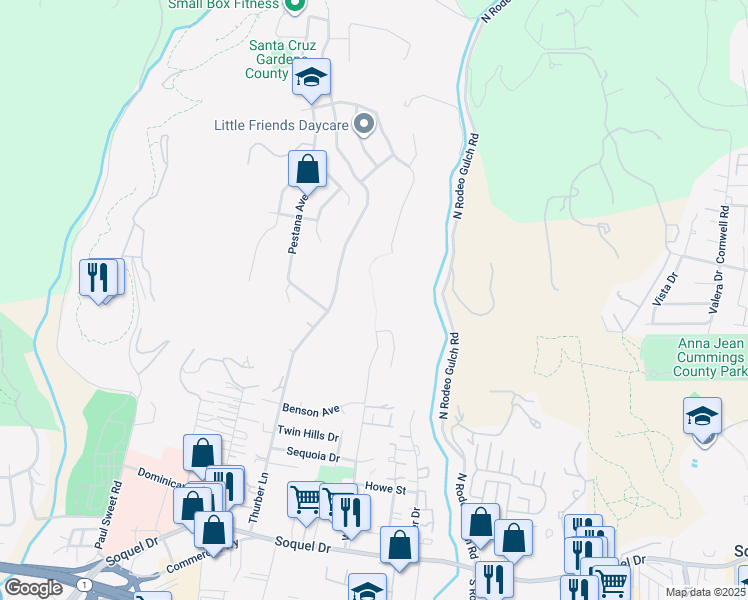 map of restaurants, bars, coffee shops, grocery stores, and more near 2555 Benson Avenue in Santa Cruz