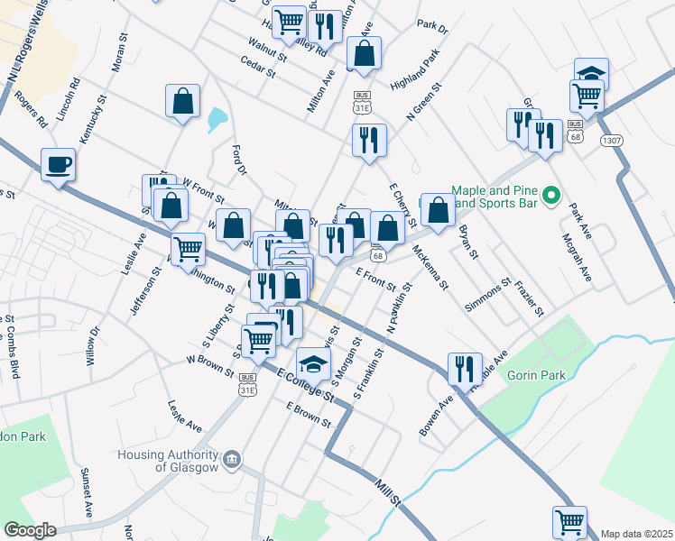 map of restaurants, bars, coffee shops, grocery stores, and more near 101 Columbia Avenue in Glasgow