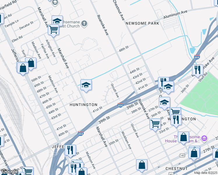 map of restaurants, bars, coffee shops, grocery stores, and more near 4547 Orcutt Avenue in Newport News