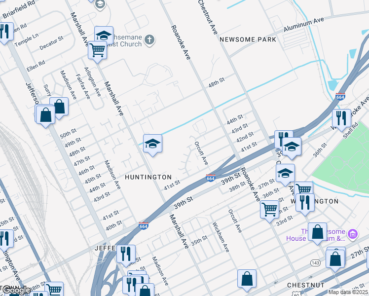 map of restaurants, bars, coffee shops, grocery stores, and more near 1001 44th Street in Newport News