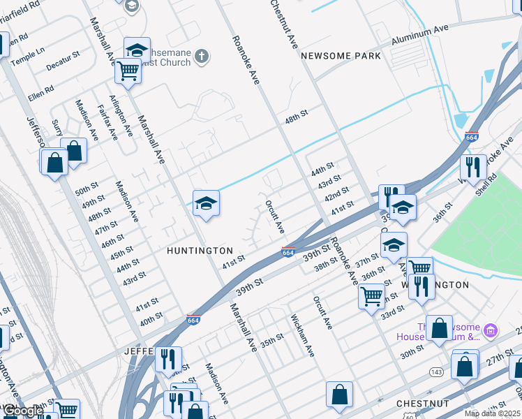 map of restaurants, bars, coffee shops, grocery stores, and more near 4547 Orcutt Avenue in Newport News