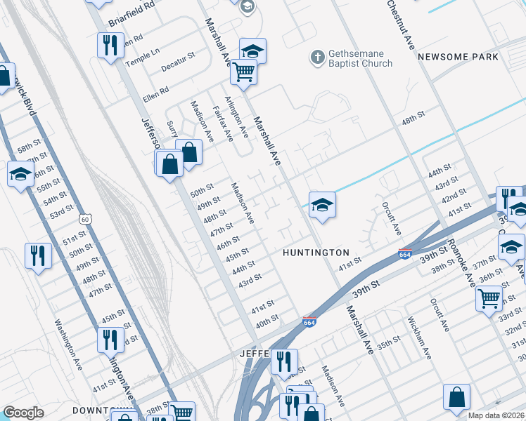map of restaurants, bars, coffee shops, grocery stores, and more near 4721 Rochester Court in Newport News