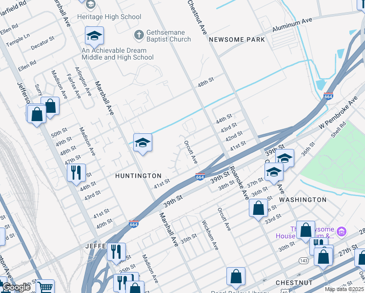 map of restaurants, bars, coffee shops, grocery stores, and more near 4547 Orcutt Avenue in Newport News