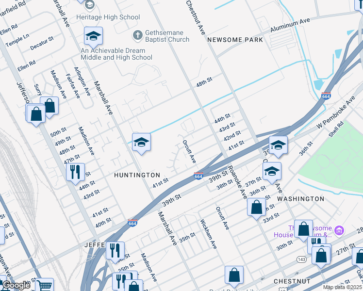 map of restaurants, bars, coffee shops, grocery stores, and more near 4547 Orcutt Avenue in Newport News