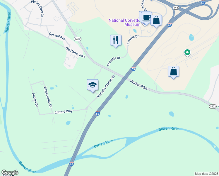 map of restaurants, bars, coffee shops, grocery stores, and more near 161 McFadin Station Street in Bowling Green