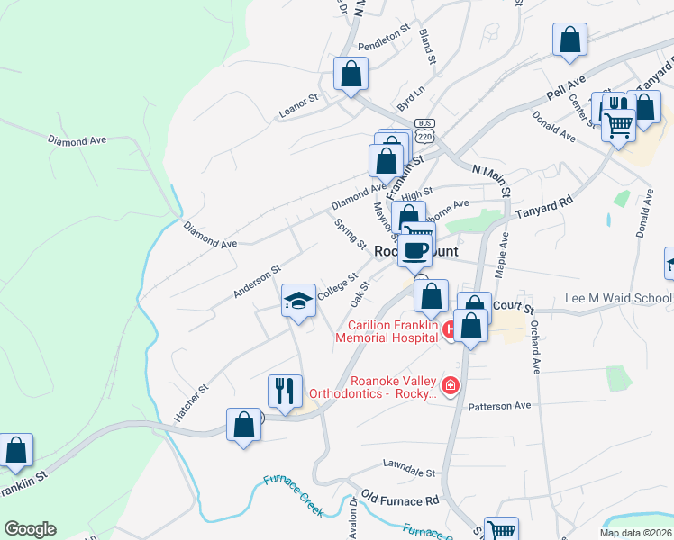 map of restaurants, bars, coffee shops, grocery stores, and more near 120 West College Street in Rocky Mount