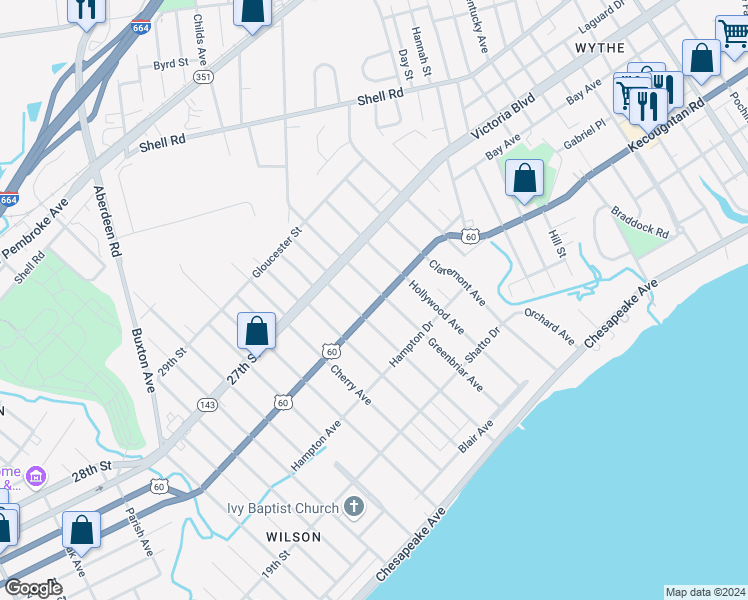 map of restaurants, bars, coffee shops, grocery stores, and more near 1007 Kecoughtan Road in Hampton