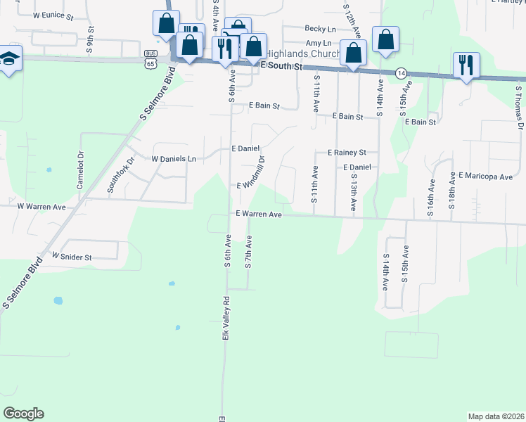 map of restaurants, bars, coffee shops, grocery stores, and more near 701 East Warren Avenue in Ozark