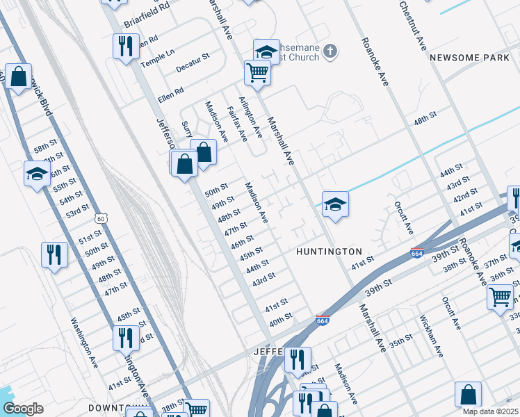 map of restaurants, bars, coffee shops, grocery stores, and more near 4706 Madison Avenue in Newport News
