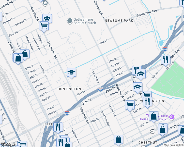 map of restaurants, bars, coffee shops, grocery stores, and more near 4547 Orcutt Avenue in Newport News