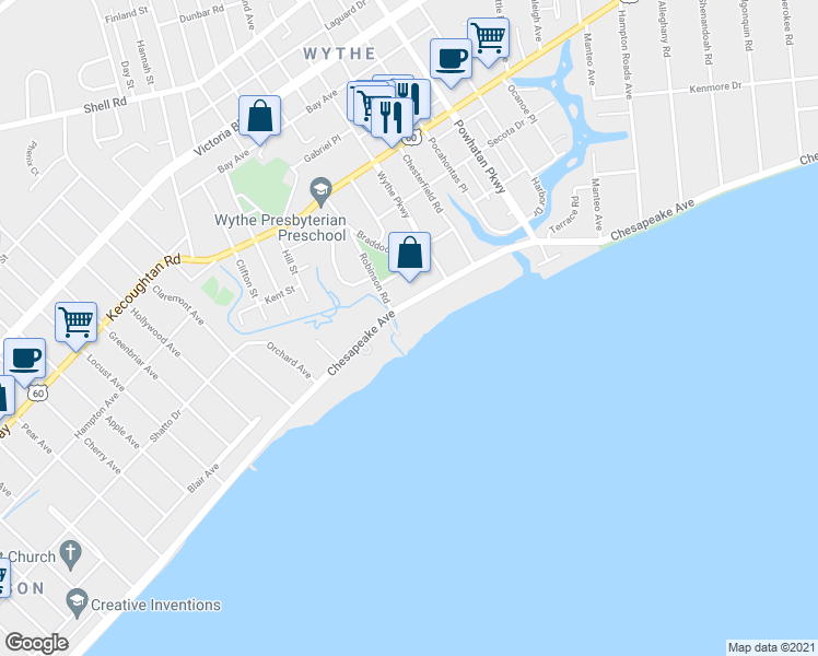 map of restaurants, bars, coffee shops, grocery stores, and more near 2200 Chesapeake Avenue in Hampton