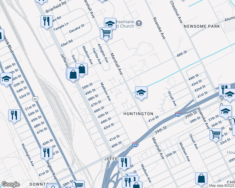 map of restaurants, bars, coffee shops, grocery stores, and more near 4507 Rochester Court in Newport News