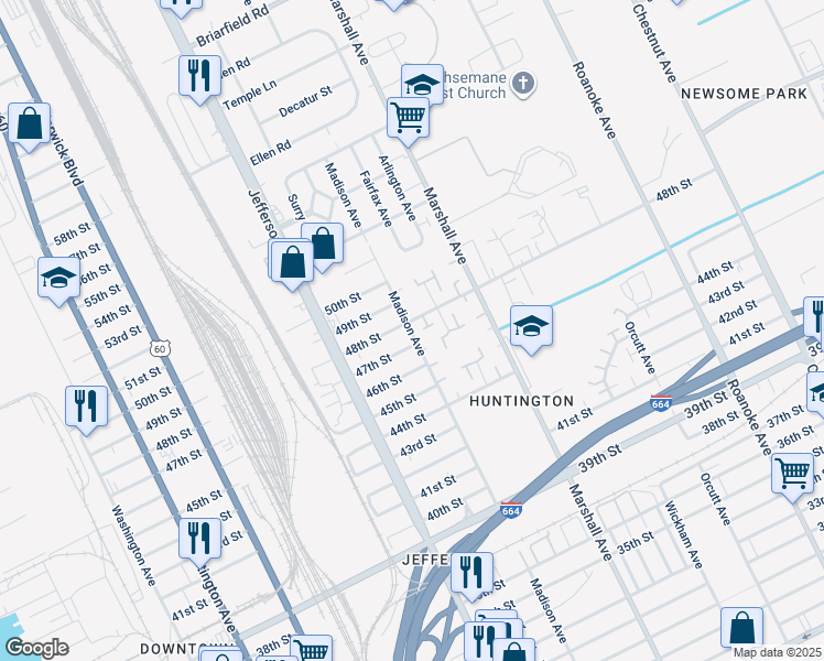 map of restaurants, bars, coffee shops, grocery stores, and more near 4718 Madison Avenue in Newport News
