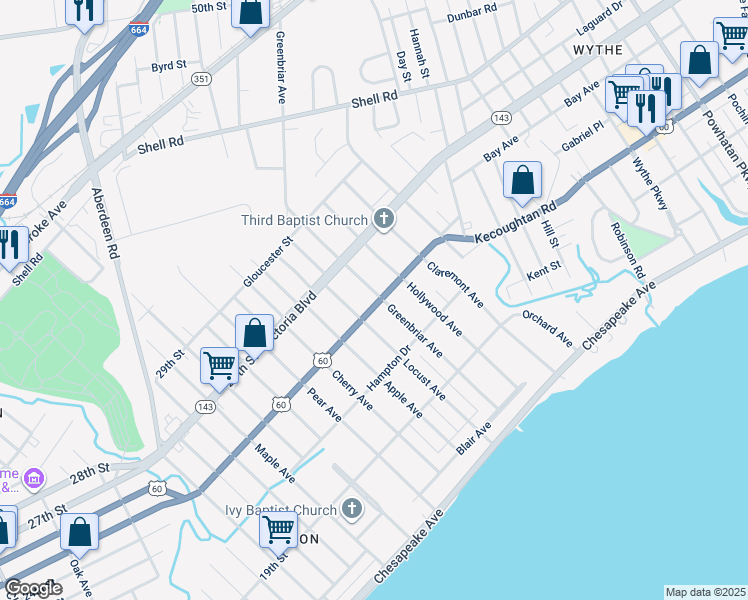 map of restaurants, bars, coffee shops, grocery stores, and more near 1007 Kecoughtan Road in Hampton